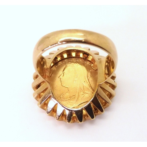 628 - A 1893 gold full sovereign in a 9ct gold ring mount finger size V1/2, weight 17.8gms