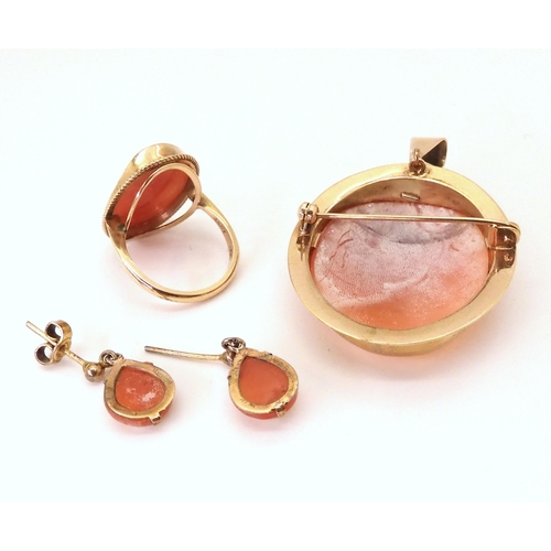 641 - A 9ct gold cameo brooch, with similar ring size N, and earrings, weight together 15.1gms