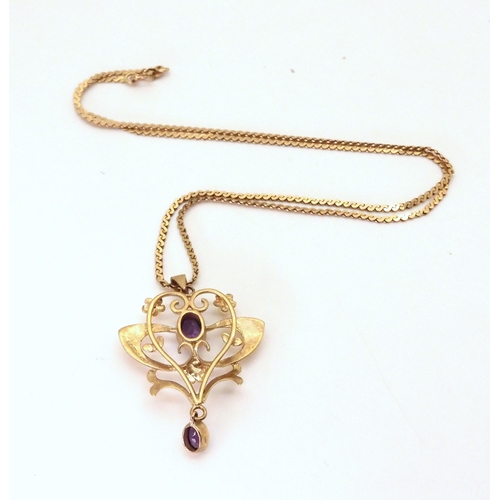 649 - A 9ct gold amethyst and pearl set Edwardian style pendant on a 42cm long snake chain, weight 6.2gms