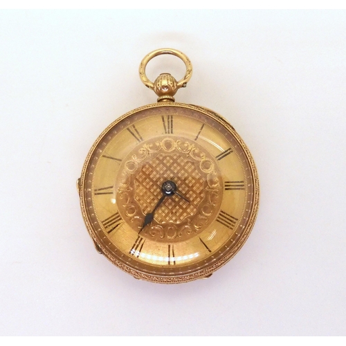 671 - An 18ct gold open face fob watch, with gold coloured dial and black Roman numerals, diameter 4cm, we... 