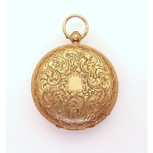 671 - An 18ct gold open face fob watch, with gold coloured dial and black Roman numerals, diameter 4cm, we... 