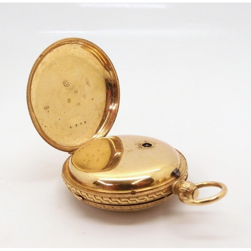 671 - An 18ct gold open face fob watch, with gold coloured dial and black Roman numerals, diameter 4cm, we... 