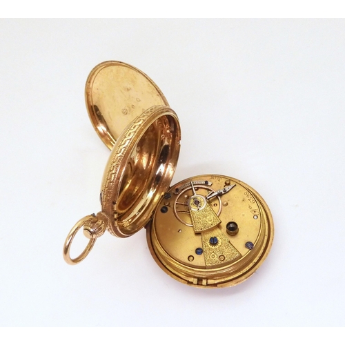 671 - An 18ct gold open face fob watch, with gold coloured dial and black Roman numerals, diameter 4cm, we... 