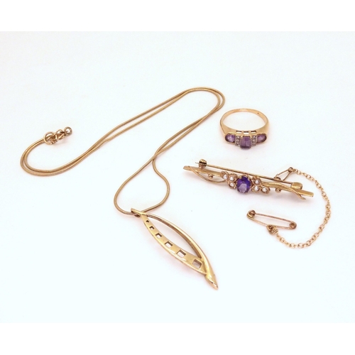 674 - A 9ct  gold Mackintosh style pendant on a 46cm snake chain, an amethyst and pearl brooch and a ... 