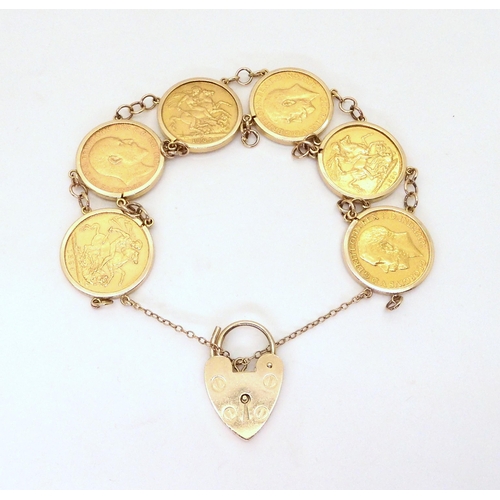 677 - Six full gold sovereigns mounted as a bracelet, dated, 1890, 1894, 1903, 1905, 1912, 1913, with... 