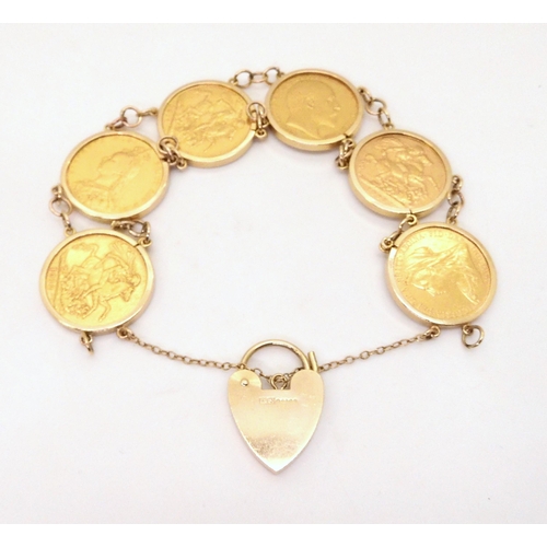 677 - Six full gold sovereigns mounted as a bracelet, dated, 1890, 1894, 1903, 1905, 1912, 1913, with... 