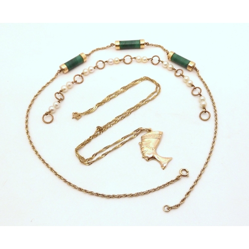 687 - A 9ct gold  malachite necklace, length 41cm, a 9ct Nefertiti pendant and chain, and a pearl set... 