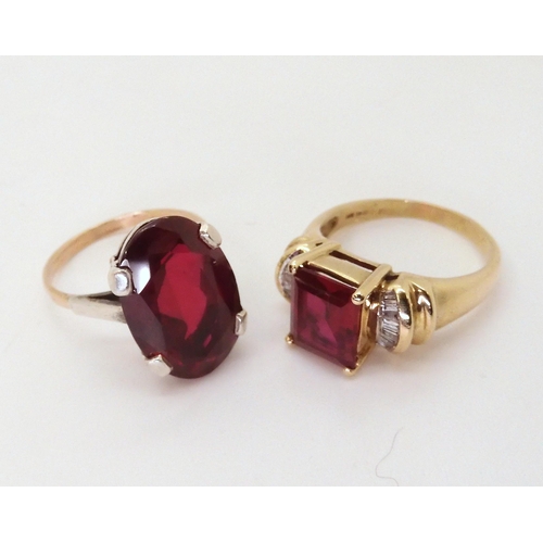 697 - A 9ct gold synthetic ruby and diamond baguette ring, size S1/2, together with a 9ct and silver oval ... 