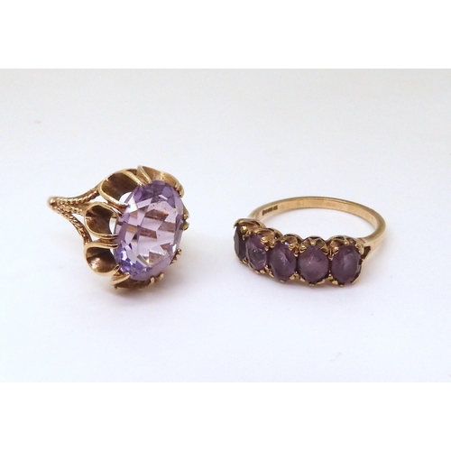 701 - A retro amethyst ring, size N, together with a five stone amethyst ring, size R1/2, weight combined ... 