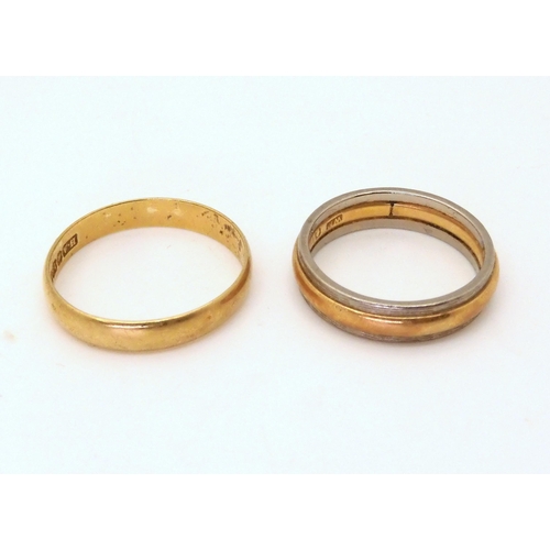 707 - Two 18ct gold wedding bands, two tone size N, plain R1/2, weight combined 7.7gms