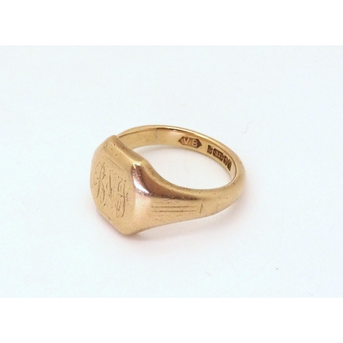 718 - A 9ct gold signet ring bearing the initials 'RNJ', Birmingham hallmark 1957, finger size S, weight 9... 