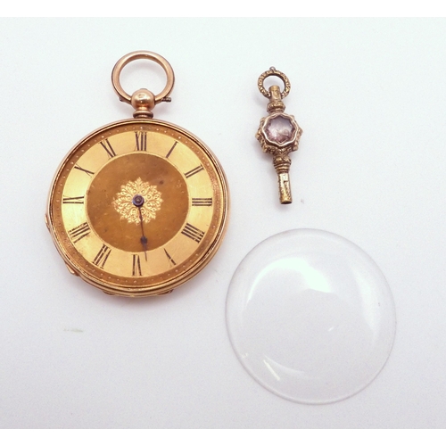 723 - A 18ct gold open-face pocket watch (af), gold coloured dial with black Roman numerals, diameter 4.5c... 