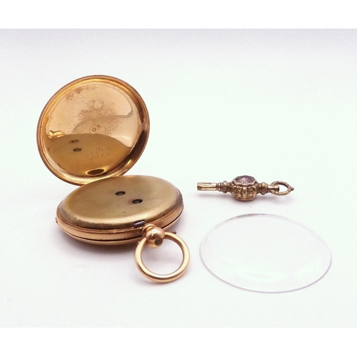 723 - A 18ct gold open-face pocket watch (af), gold coloured dial with black Roman numerals, diameter 4.5c... 