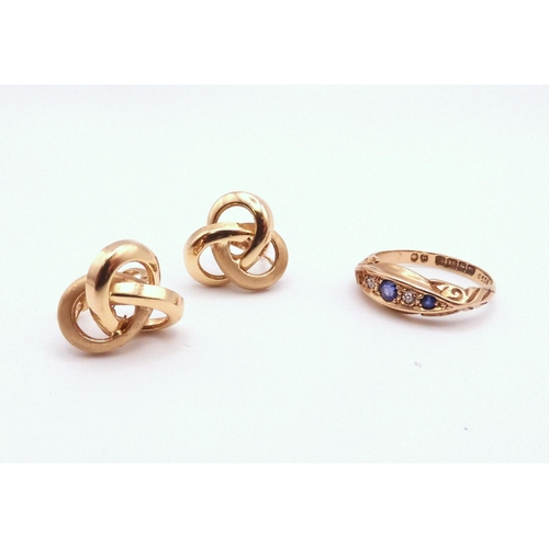 727 - A 18ct gold ring (af), set with sapphires and diamond accent, together with 18ct gold modern style s... 