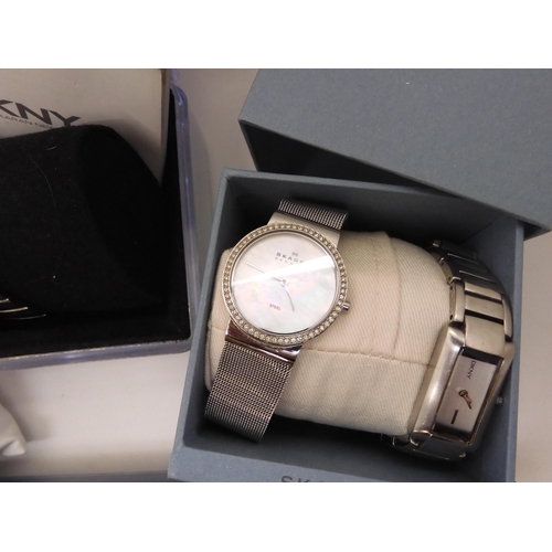 760 - Two Danish design Skagen watches, a further two by DKNY and a fashion watch