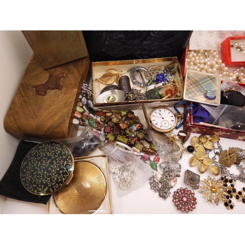 761 - Compacts, a gold plated Elgin pocket watch, a large collection of vintage costume jewellery, boxes a... 