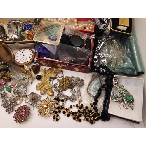 761 - Compacts, a gold plated Elgin pocket watch, a large collection of vintage costume jewellery, boxes a... 