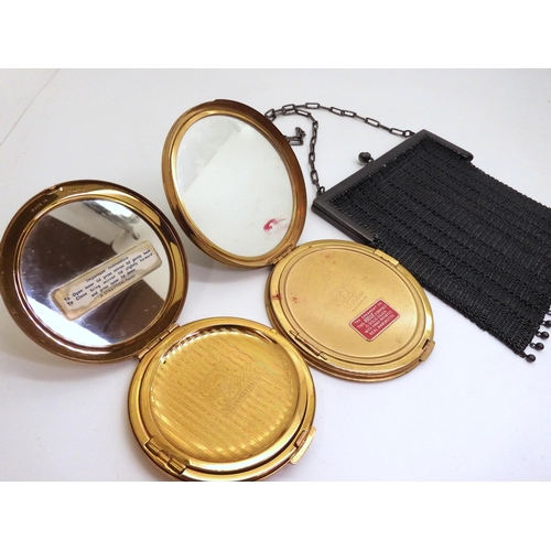 766 - A French Gunmetal mesh purse, A Vogue Vanities compact with a Marcasite set lizard detail and an unu... 