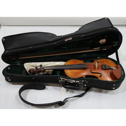 498 - TWO PIECE BACK VIOLIN 35.5cm with bow 64 grams and case