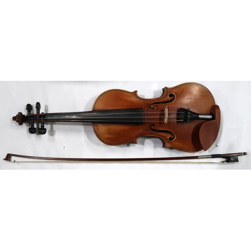 498 - TWO PIECE BACK VIOLIN 35.5cm with bow 64 grams and case