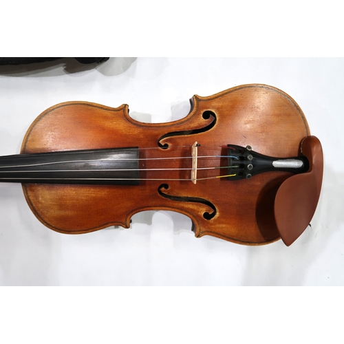 498 - TWO PIECE BACK VIOLIN 35.5cm with bow 64 grams and case