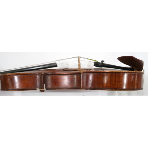 498 - TWO PIECE BACK VIOLIN 35.5cm with bow 64 grams and case