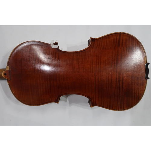 498 - TWO PIECE BACK VIOLIN 35.5cm with bow 64 grams and case