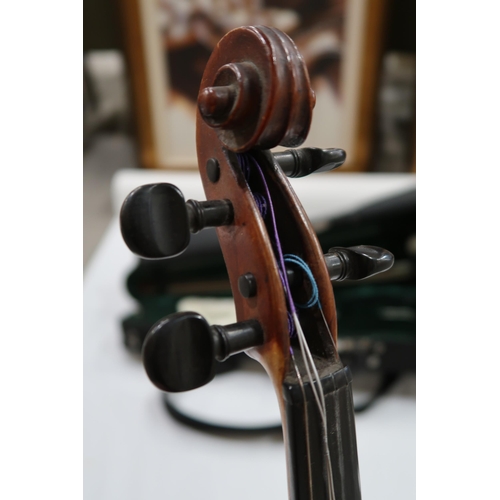 498 - TWO PIECE BACK VIOLIN 35.5cm with bow 64 grams and case