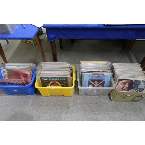 511 - VINYL LP RECORDS four boxes of vinyl LP records with Ray Charles, The Beatles, Tex Williams, various... 