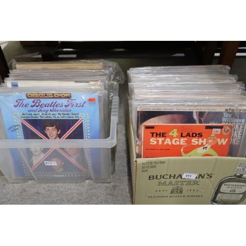 511 - VINYL LP RECORDS four boxes of vinyl LP records with Ray Charles, The Beatles, Tex Williams, various... 