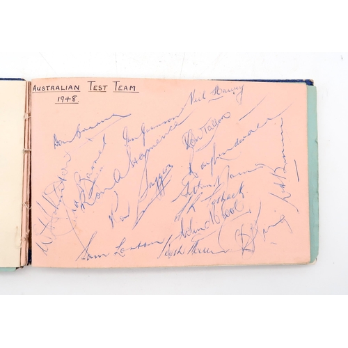 458 - A mid-20th century autograph book, containing signatures of the 1948 Australian test cricket team on... 