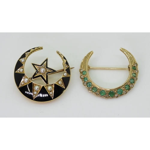 2715 - TWO CRESCENT MOON BROOCHESa bright yellow metal example with black enamel detail and set with split ... 