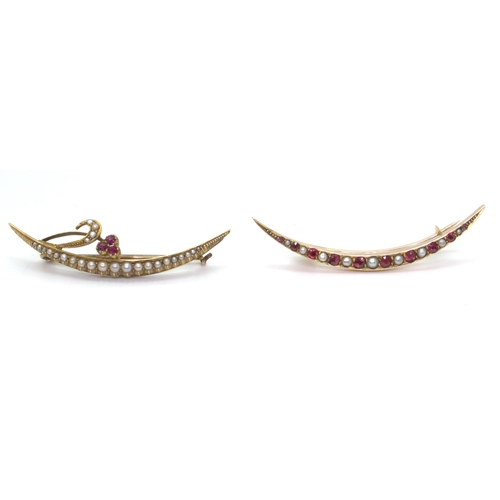 2717 - TWO CRESCENT MOON BROOCHESa bright yellow metal pearl and ruby set example, with galleried mount, le... 