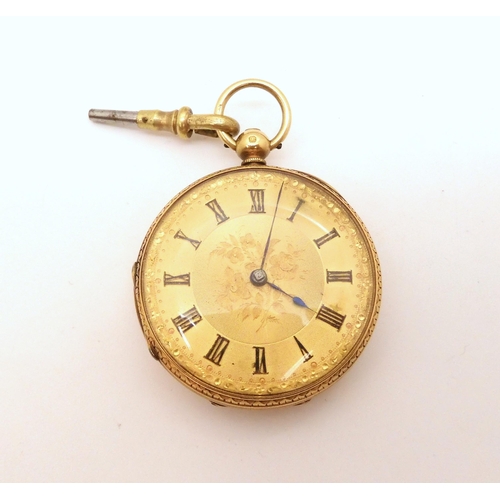 2911 - AN OPEN FACE POCKET WATCHin 18ct gold bearing London hallmarks for 1859. the gold coloured dial with... 