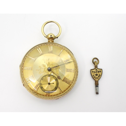 2916 - AN OPEN FACE POCKET WATCHmade in 18ct gold, the case with all over foliate engraving, has Chester ha... 