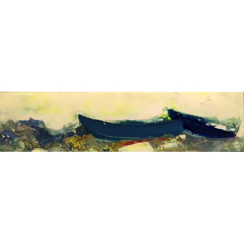 3022 - LIL NEILSON (SCOTTISH 1938-1998)BEACHED BOATSMixed media on board, 9.5 x 37.25cm (3.75 x 14.75