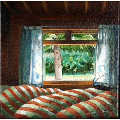 3059 - LESLEY BANKS (SCOTTISH b.1962)THE CABIN - BEDROOM Oil on canvas, signed lower right, 20 x 20cm (8 x ... 