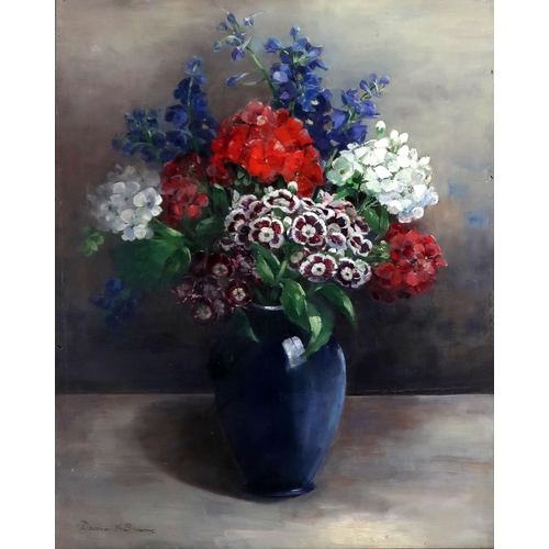 3062 - DAVINA F BROWN (SCOTTISH 20thC)SWEET WILLIAMS, GERANIUMS, DELPHINIUMSOil on canvas, signed lower lef... 