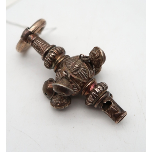 357 - A Victorian silver baby rattle whistle, Birmingham marks, with six bells, engraved to the mouth piec... 
