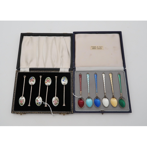 358 - A set of Danish silver gilt harlequin guilloche enamel demitasse spoons, with London import marks, a... 