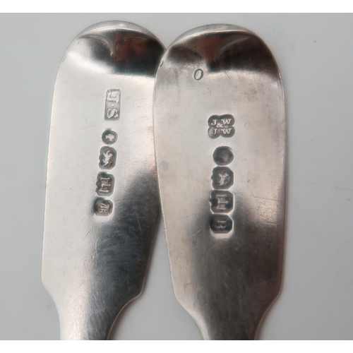 364 - Exeter; A set of five Victorian provincial silver fiddle pattern tea spoons, by John Stone, and anot... 