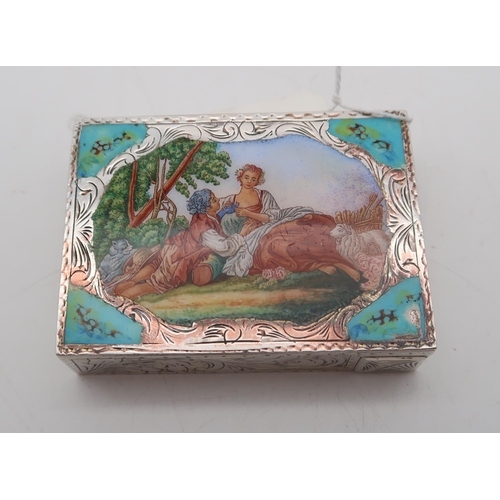 368 - A German silver vanity case, the lid enamelled with a courting scene, the body with engraved scrolli... 