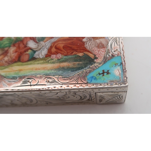 368 - A German silver vanity case, the lid enamelled with a courting scene, the body with engraved scrolli... 