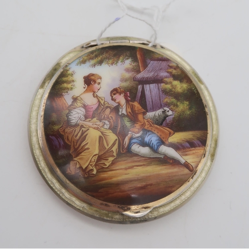 368 - A German silver vanity case, the lid enamelled with a courting scene, the body with engraved scrolli... 