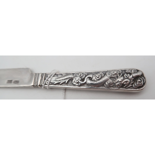 369 - A Chinese export silver knife, by Wang Hing, the handle with cast decoration of a dragon, a hexagona... 