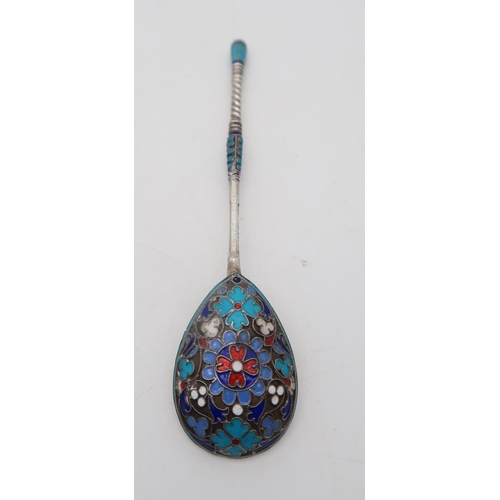 371 - A Russian silver and champleve enamel spoon, workmasters mark BA, 84 kokoshnik mark, 14cm, and anoth... 