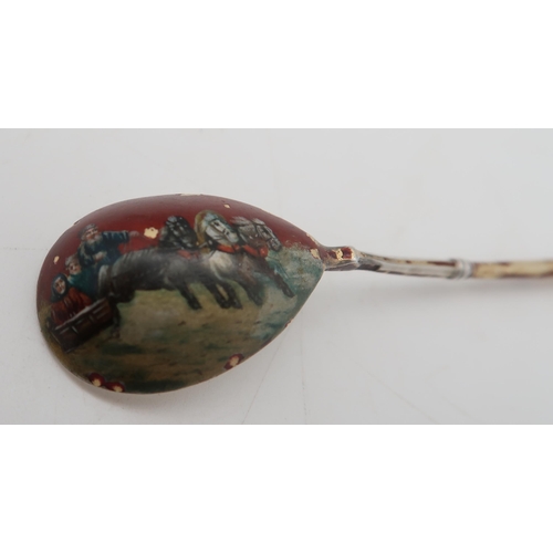 371 - A Russian silver and champleve enamel spoon, workmasters mark BA, 84 kokoshnik mark, 14cm, and anoth... 