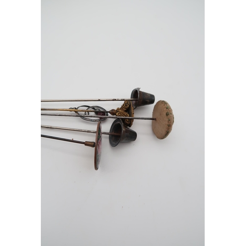 385 - A three piece silver dressing set, Chester marks, another silver hand mirror, Birmingham, three silv... 