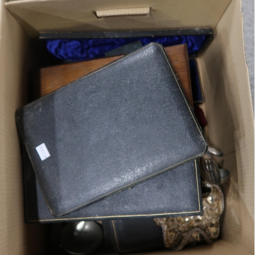 396 - A collection of EPNS including cased cutlery sets, an EPNS and cut crystal tea caddy, the finial mod... 