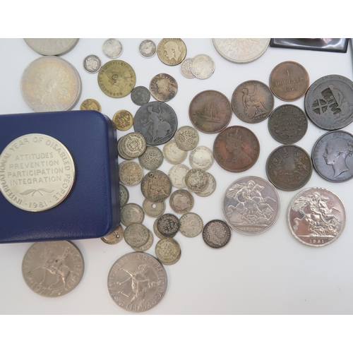 425 - VICTORIA CROWN 1892, George III sixpence, Victoria 1 1/2 pence 1838, various Victorian Indian Anna, ... 